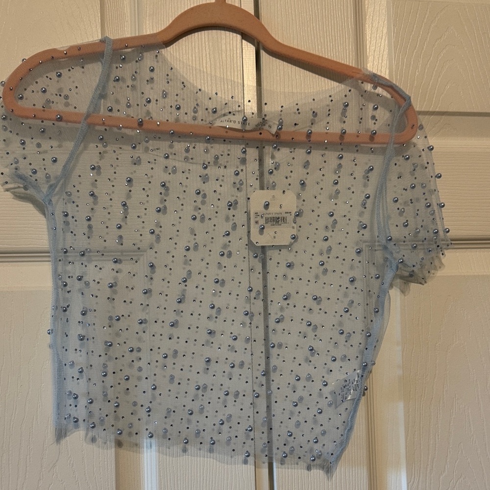 Altar'd State Light Blue Mesh Beaded Crop Top